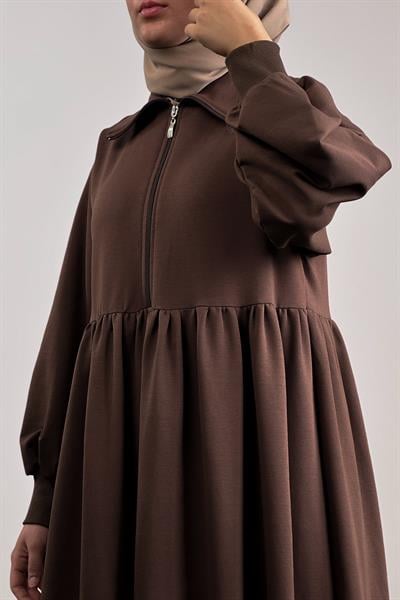 Fermuar Yaka Sweat Elbise - Acı kahve