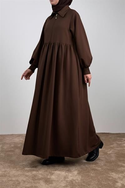 Fermuar Yaka Sweat Elbise - Acı kahve