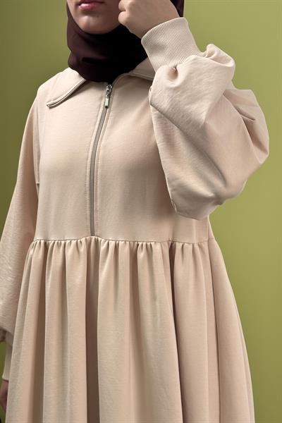 Fermuar Yaka Sweat Elbise - Bej