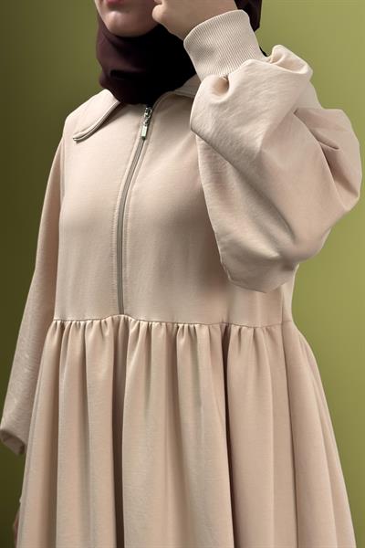 Fermuar Yaka Sweat Elbise - Bej