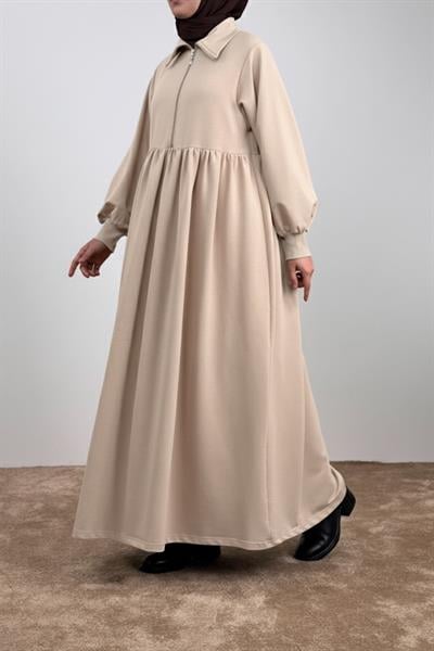 Fermuar Yaka Sweat Elbise - Bej