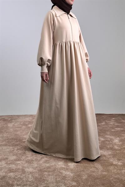 Fermuar Yaka Sweat Elbise - Bej