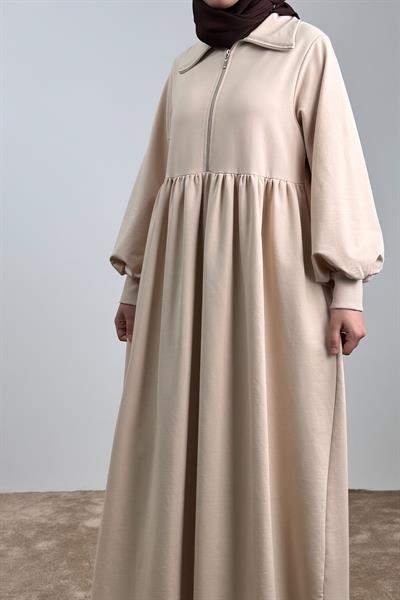 Fermuar Yaka Sweat Elbise - Bej
