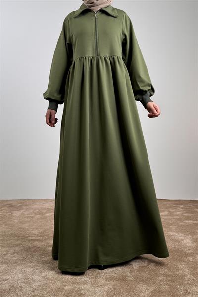 Fermuar Yaka Sweat Elbise - Haki yeşil