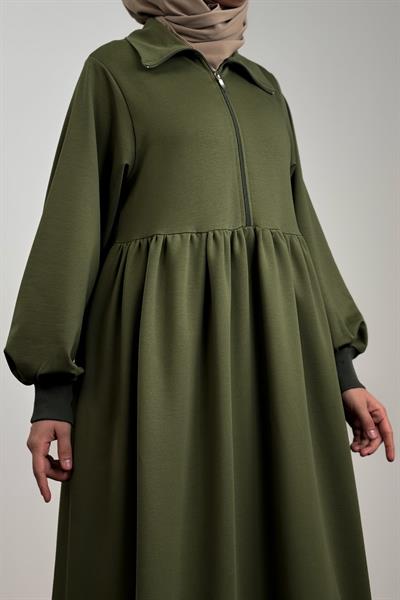 Fermuar Yaka Sweat Elbise - Haki yeşil
