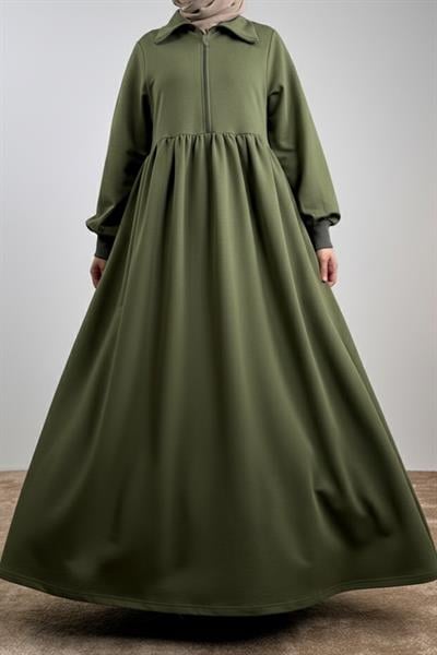 Fermuar Yaka Sweat Elbise - Haki yeşil