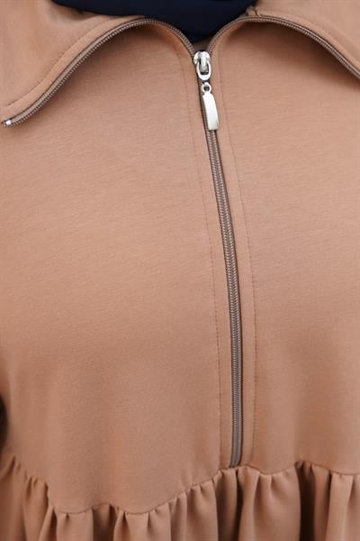 Fermuar Yaka Sweat Elbise - Vizon