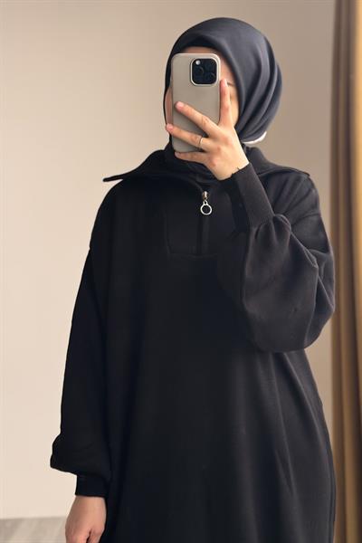 Fermuar Yaka Triko Elbise - Siyah