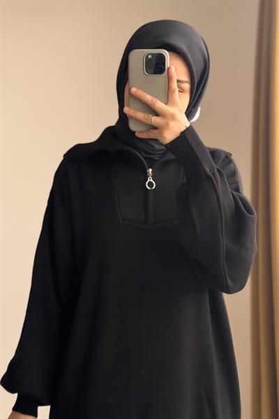 Fermuar Yaka Triko Elbise - Siyah