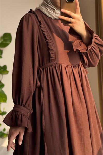 Fırfır Detaylı Müslin Elbise - Acı kahve