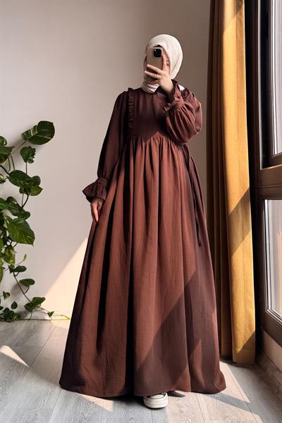 Fırfır Detaylı Müslin Elbise - Acı kahve