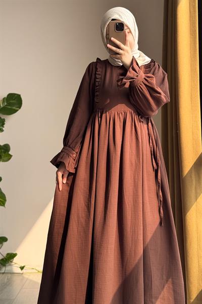 Fırfır Detaylı Müslin Elbise - Acı kahve