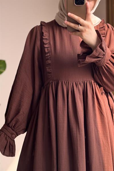 Fırfır Detaylı Müslin Elbise - Acı kahve