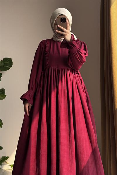 Fırfır Detaylı Müslin Elbise - Bordo