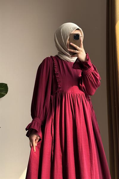 Fırfır Detaylı Müslin Elbise - Bordo