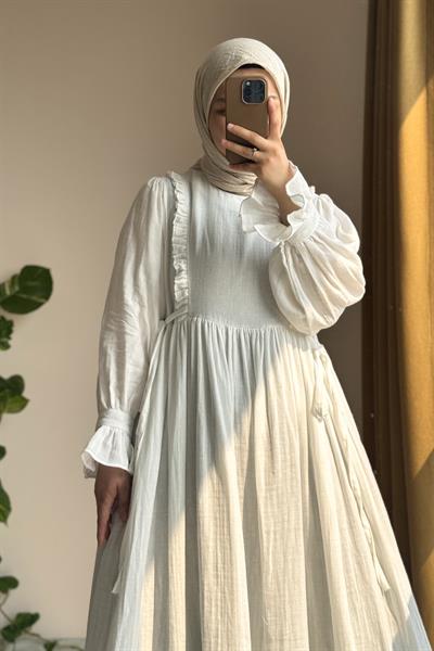Fırfır Detaylı Müslin Elbise - Ekru
