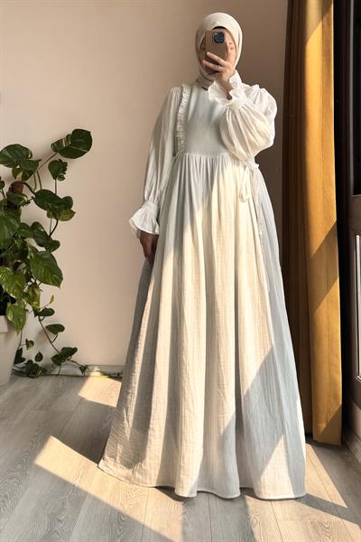 Fırfır Detaylı Müslin Elbise - Ekru