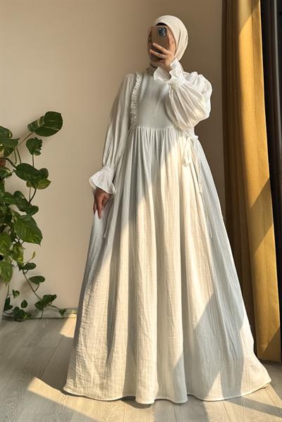 Fırfır Detaylı Müslin Elbise - Ekru