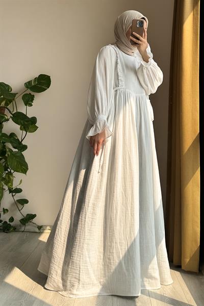 Fırfır Detaylı Müslin Elbise - Ekru