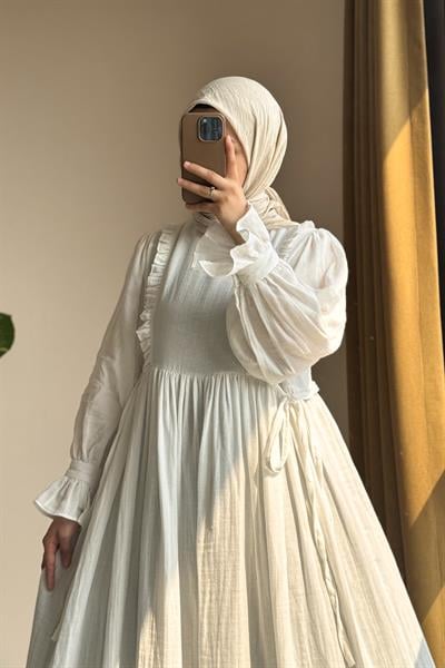 Fırfır Detaylı Müslin Elbise - Ekru