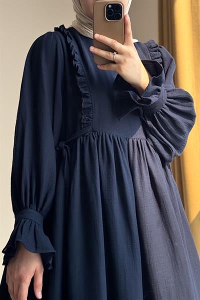 Fırfır Detaylı Müslin Elbise - Lacivert