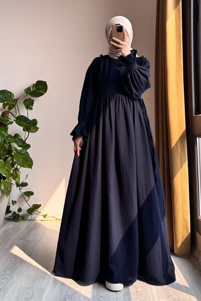 Fırfır Detaylı Müslin Elbise - Lacivert