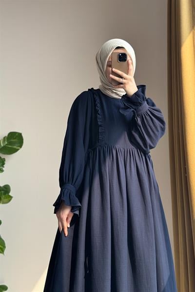Fırfır Detaylı Müslin Elbise - Lacivert