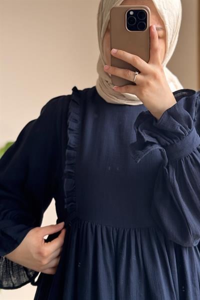 Fırfır Detaylı Müslin Elbise - Lacivert