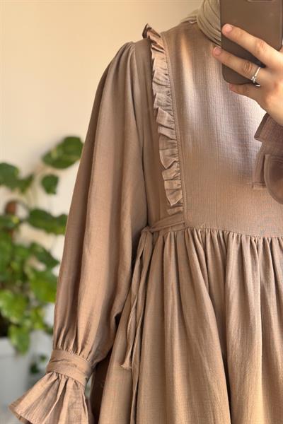 Fırfır Detaylı Müslin Elbise - Natural vizon