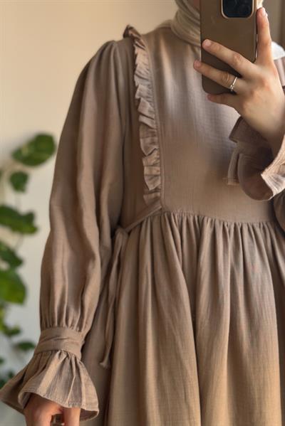 Fırfır Detaylı Müslin Elbise - Natural vizon