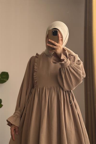 Fırfır Detaylı Müslin Elbise - Natural vizon