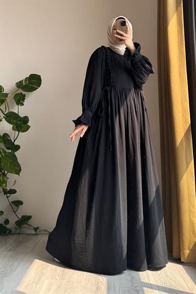 Fırfır Detaylı Müslin Elbise - Siyah