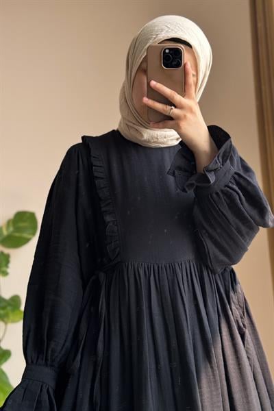 Fırfır Detaylı Müslin Elbise - Siyah
