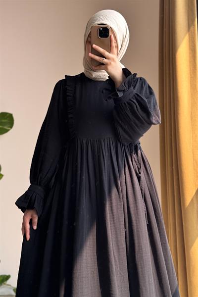 Fırfır Detaylı Müslin Elbise - Siyah