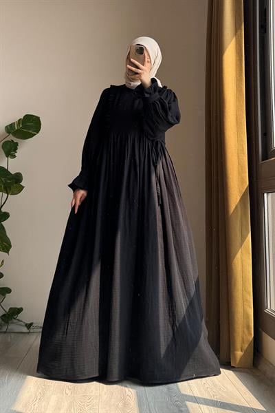 Fırfır Detaylı Müslin Elbise - Siyah