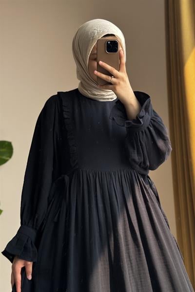 Fırfır Detaylı Müslin Elbise - Siyah