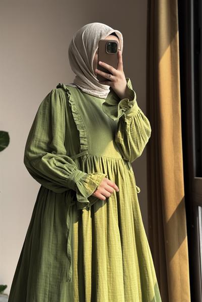 Fırfır Detaylı Müslin Elbise - Yaprak yeşil