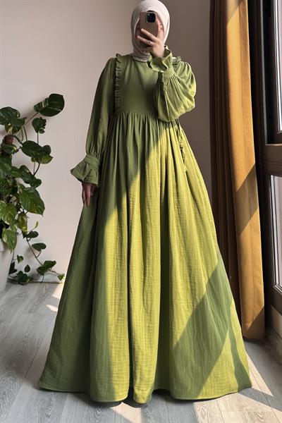 Fırfır Detaylı Müslin Elbise - Yaprak yeşil