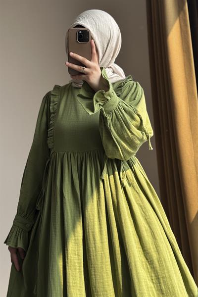 Fırfır Detaylı Müslin Elbise - Yaprak yeşil