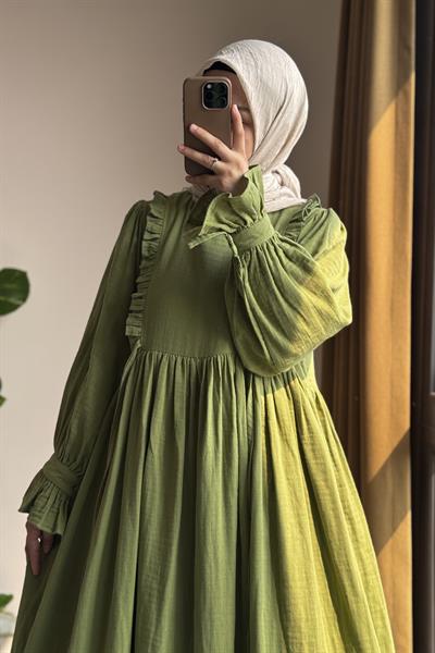 Fırfır Detaylı Müslin Elbise - Yaprak yeşil