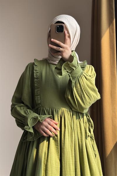 Fırfır Detaylı Müslin Elbise - Yaprak yeşil