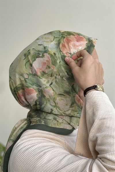 Floral Desen Pamuk Eşarp - Yeşil