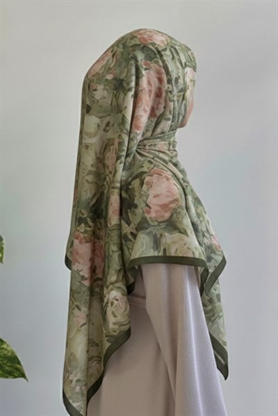 Floral Desen Pamuk Eşarp - Yeşil