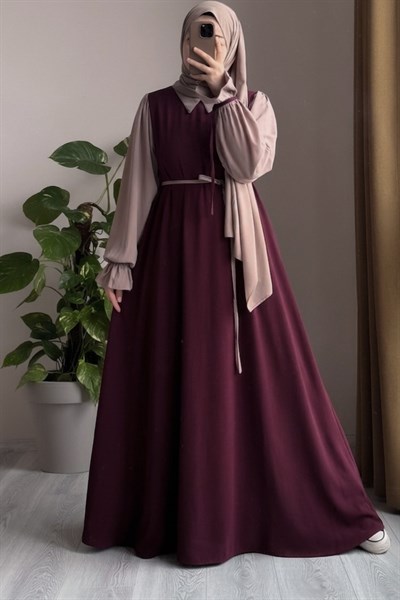 Ganimet Elbise - Mürdüm/ Bej