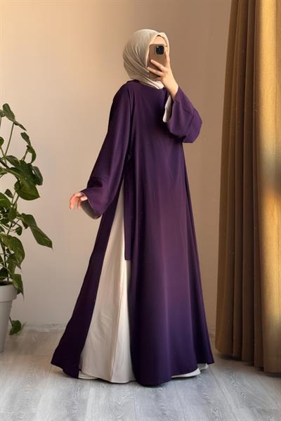 Garni Elbiseli Takım - Mürdüm/ Açık bej