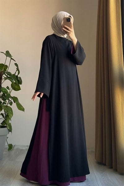 Garni Elbiseli Takım - Siyah/ Mürdüm
