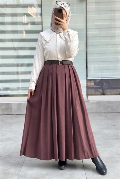 Geniş Pileli Etek - Kahve