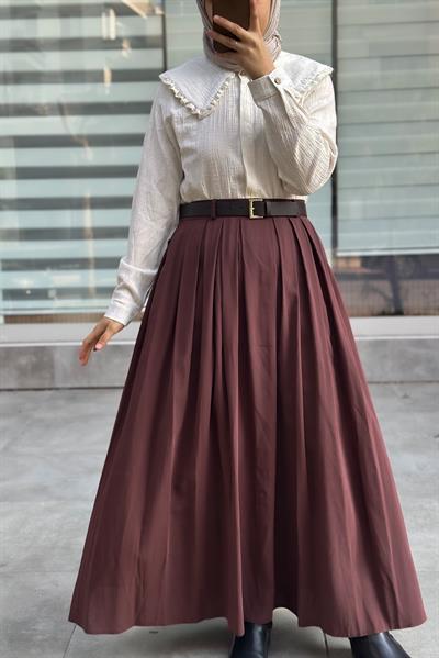 Geniş Pileli Etek - Kahve