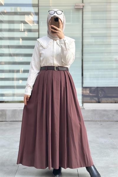 Geniş Pileli Etek - Kahve