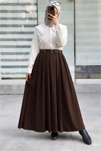 Geniş Pileli Etek - Kahve